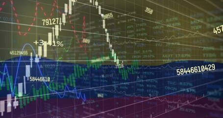 Animation of changing numbers and stock market data processing against colombia flag in background - Powered by Adobe