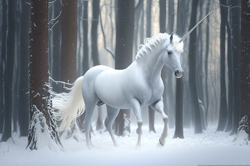 Obraz na płótnie Canvas white unicorn in winter forest, mythological animal, horse, fantasy, fairy tale