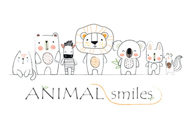 Fototapeta premium Animals line banner. Adorable cat, bear, zebra, lion, hare, koala and squirrel. Design element for invitation and greeting postcard. Wild life and fauna, nature. Cartoon flat vector illustration