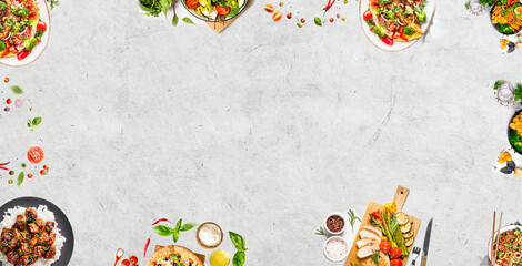 Mix Vegetables and food dishes at grey texture background - set of different meal dishes isolated on grey background