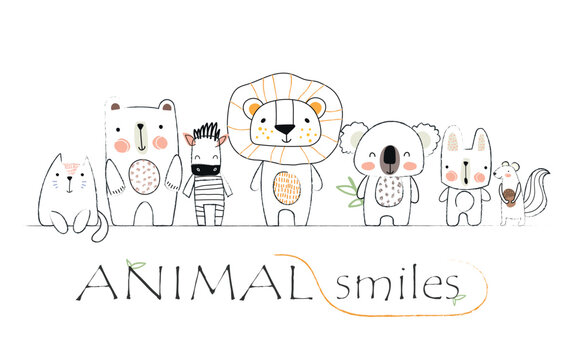 Animals line banner. Adorable cat, bear, zebra, lion, hare, koala and squirrel. Design element for invitation and greeting postcard. Wild life and fauna, nature. Cartoon flat vector illustration