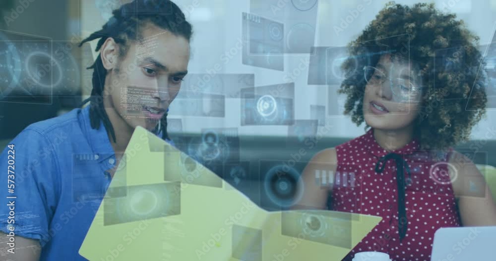 Poster animation of data processing over diverse man and woman discussing over documents at office