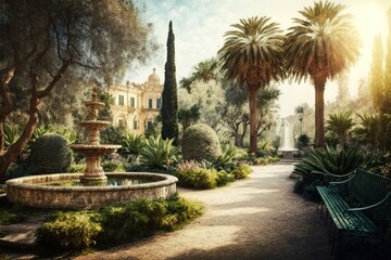 Obraz premium View of city park in mediterranean garden style, concept of Gardening and Mediterranean Climate, created with Generative AI technology