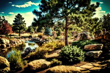 View of city park in rock garden style landscape, concept of Rock Garden and Urban Park, created with Generative AI technology