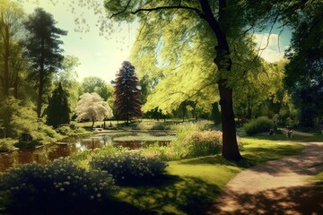 View of city park in woodland garden style, concept of Naturalistic Planting and Symmetrical Design, created with Generative AI technology