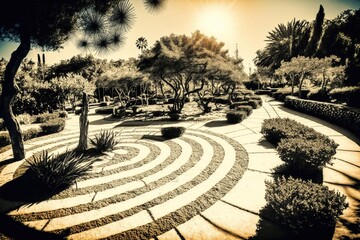View of city park in zen garden style, concept of Aesthetic Harmony and Tranquility, created with Generative AI technology