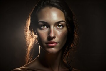 Fototapeta premium Woman with glowing skin, studio lighting, concept of Glow Up and Beauty Portrait, created with Generative AI technology