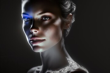 Woman with shining skin, studio night light, concept of Illumination and Beauty., created with Generative AI technology