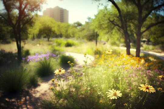 View of city park in wildflower garden style, concept of Meadow Planting and Pollinator Habitat, created with Generative AI technology