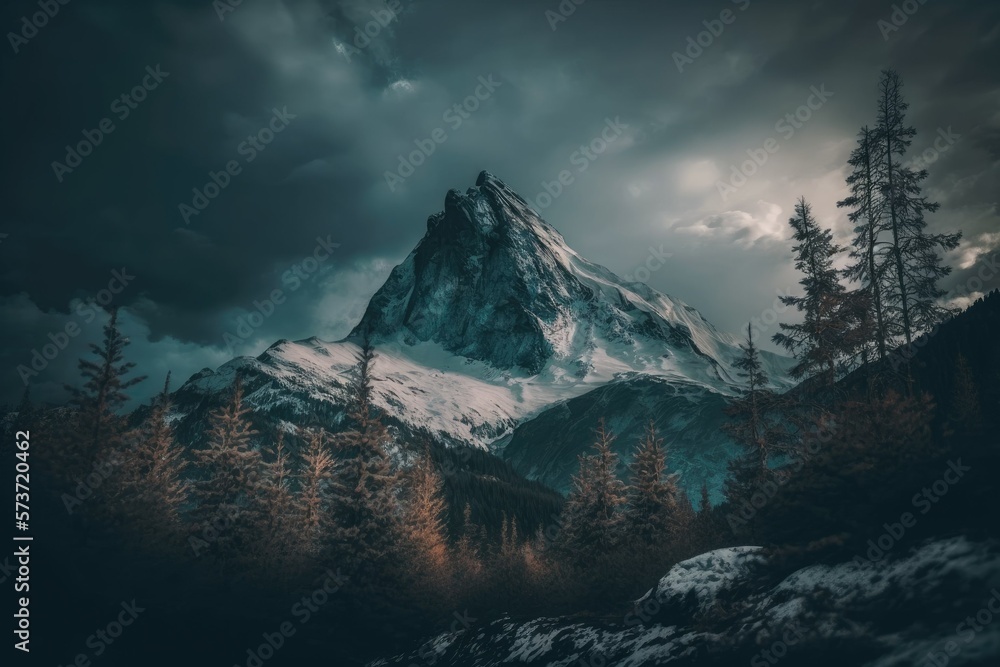 Poster low lying clouds float over a large, snowy mountain peak in a foreboding alpine landscape with a dar