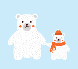 Polar bears concept. Mother and son in red scarf and hat. Arctic and Antarctica. Wild life and fauna, biology and zoology. Poster or banner for website. Cartoon flat vector illustration