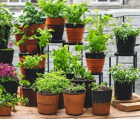 green plants in pots on wooden background