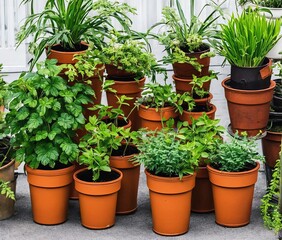 green plants in pots on wooden background