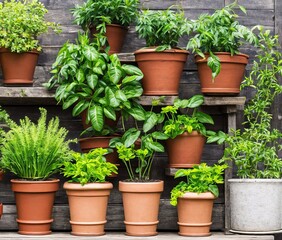 green plants in pots on wooden background