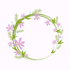 Round frame of spring flowers and twigs. Wedding card decoration. Greeting card. White background.Vector flat illustration.