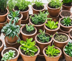 green plants in pots on wooden background
