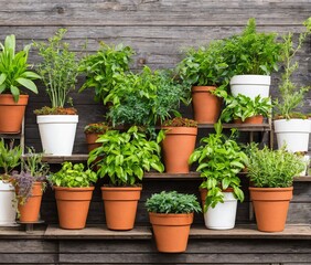 green plants in pots on wooden background