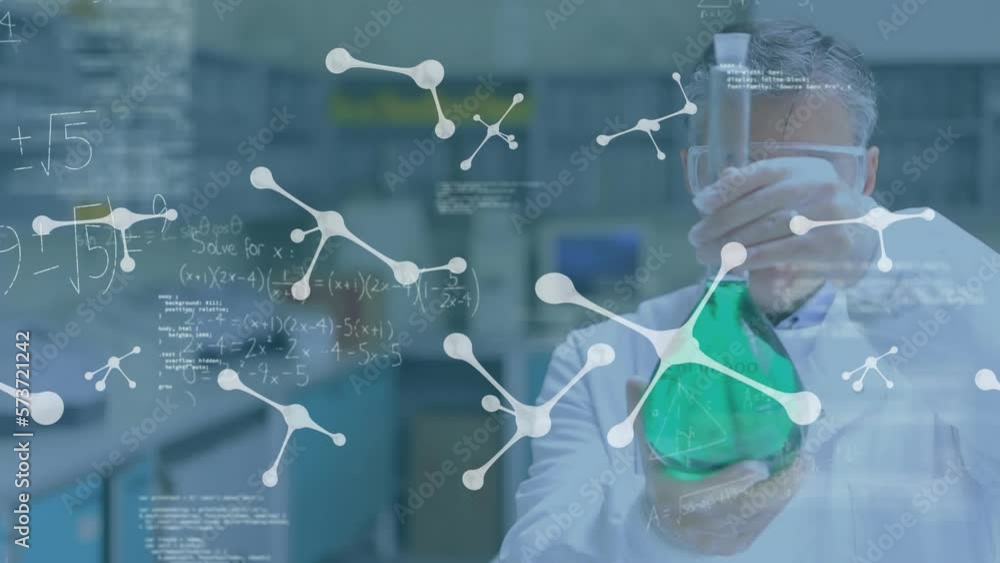 Poster animation of molecular structures floating over caucasian male scientist working at laboratory