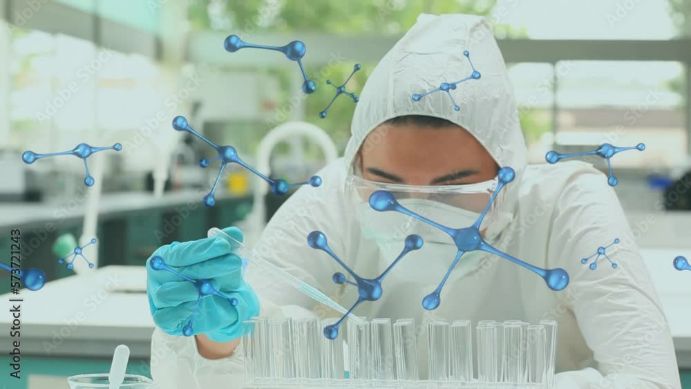 Poster animation of molecular structures floating over caucasian female scientist working at laboratory