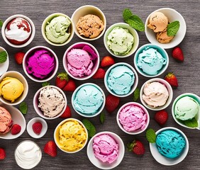 delicious ice cream scoops with fresh berries on grey background