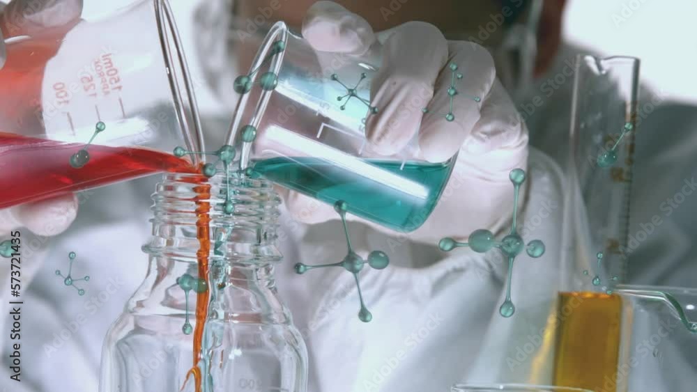 Poster animation of molecular structures floating over caucasian male scientist working at laboratory