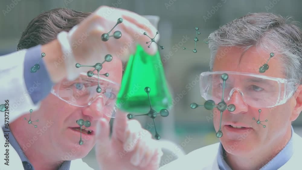 Aufkleber animation of molecular structures floating over two caucasian male scientists working at laboratory