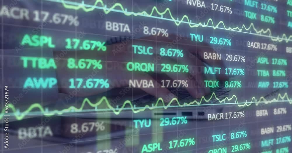 Poster animation of stock market data processing against mid section of a man using laptop at office