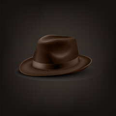 Vector 3d Realistic Brown Vintage Classic Gentleman Black Hat, Cap Icon Closeup Isolated on Black Background. Front, Half Turn View. Mens Unisex Hat Design Template. Vector Illustration
