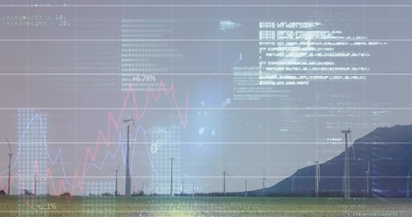 Animation of statistical data processing and binary coding against spinning windmills on grassland - Powered by Adobe