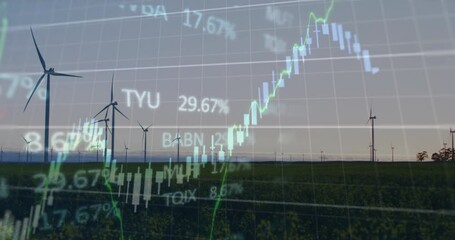 Animation of financial and stock market data processing against spinning windmills on grassland - Powered by Adobe