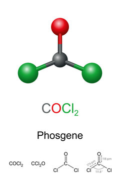 Phosgene, carbonyl dichloride, ball-and-stick model, molecular and chemical formula. Toxic, colorless gas, used in plastics production. Extremely poisonous, used as chemical weapon during World War I.