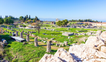 Temple of Apollo in Ancient Corinth, Peloponnese peninsula, Greece.