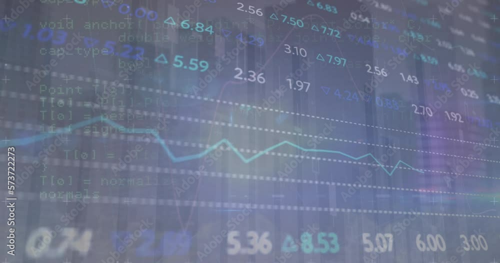 Poster animation of multiple graphs, trading board over computer language against abstract background