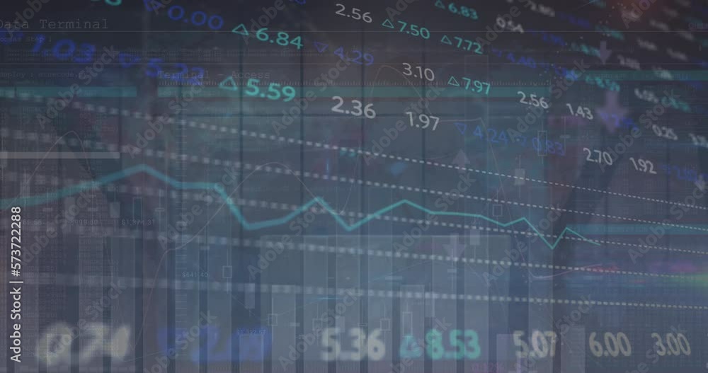 Poster Animation of statistical and stock market data processing over view of cityscape from office window