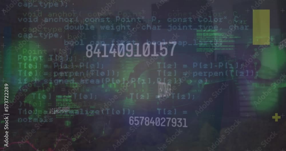Poster animation of changing numbers and financial data processing against tall buildings