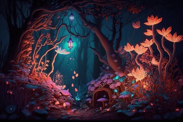 Enchanting Fairy Forest at Night with Glowing Flowers and Lights, generative ai