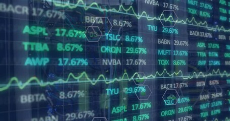 Animation of digital icons and stock market data processing against computer server room - Powered by Adobe