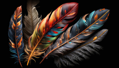 A striking and highly-detailed art print featuring colored feathers on a black background, with clean brush strokes. stunning wallpaper background