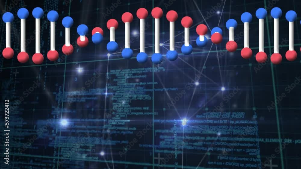Poster animation of spinning dna structure over glowing network of connections and data processing