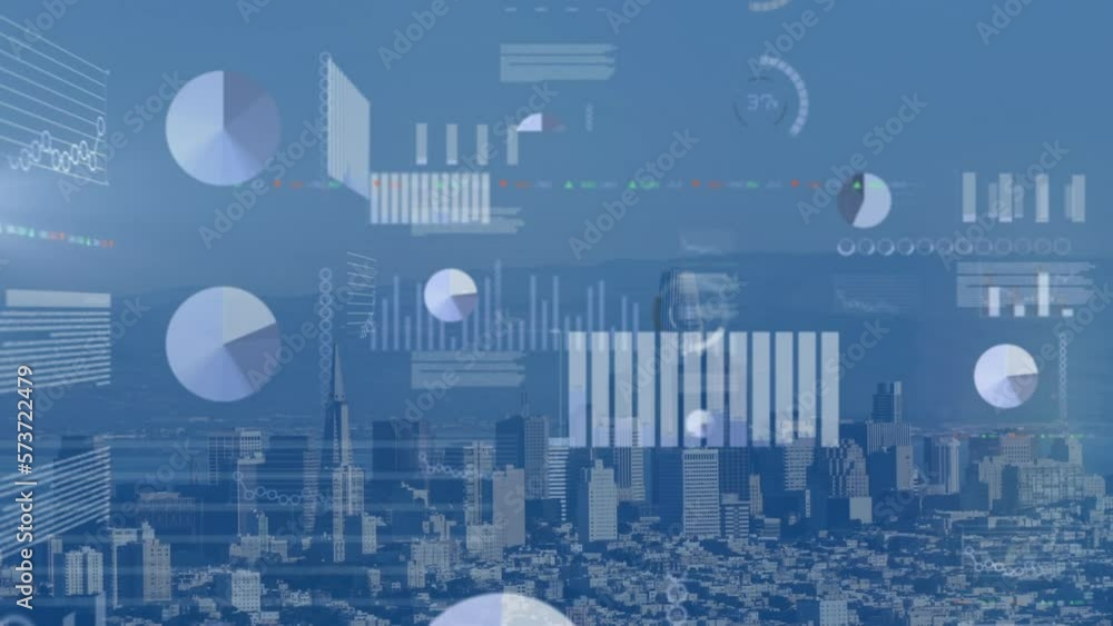 Poster Animation of multiple graphs and data over aerial view of modern city against mountains