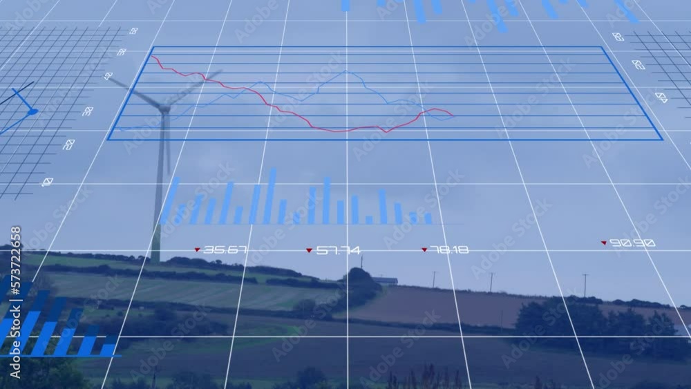 Aufkleber animation of multiple graphs and numbers over windmill on green lands against clear sky