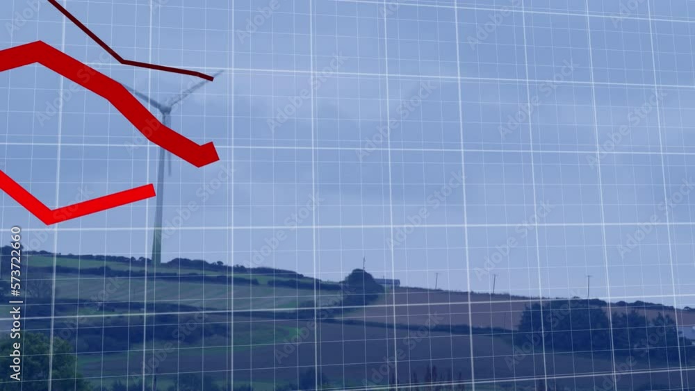 Poster animation of falling graphs over grid pattern and windmill on green lands against clear sky