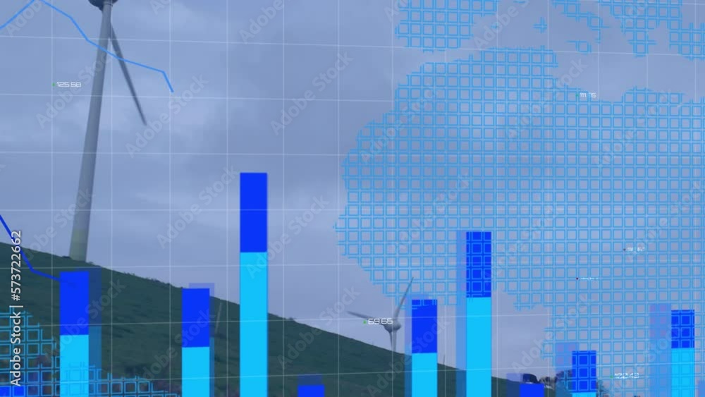 Poster animation of multiple graphs with changing numbers and map over windmills on green land