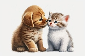 Fototapeta premium Isolated white backdrop with a cute puppy kissing a cute tabby kitten. Generative AI