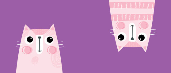 Cats on violet background. Poster or banner for website. Pink kittens, place for text and presentation. Design element for invitation and greeting postcard. Cartoon flat vector illustration