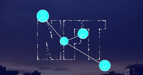 Animation of network of digital icons and nft text banner against aerial view of cityscape - Powered by Adobe