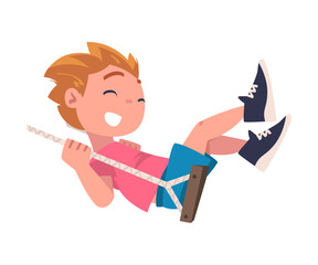 Happy smiling boy swinging on swing. Happy child having fun outdoors cartoon vector illustration