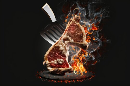 Lamb chops grilled on a meat cleaver over an open flame. Completely black backdrop. The best vantage point. Generative AI