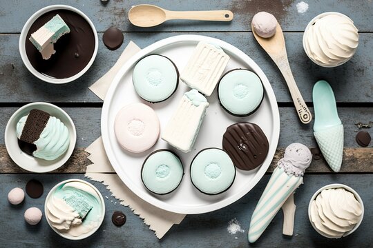 Light and airy pastel dessert spread for a summer party. Cold desserts such as ice cream, popsicles, biscuits, and other sweets. View from above, with a background of aged white wood. Generative AI