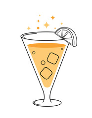 Glass with drink. Cold cocktail with ice and piece of citrus, lemon or lime, orange. Juice or soda and alcohol. Beverage and tasty liquid. Cartoon flat vector illustration